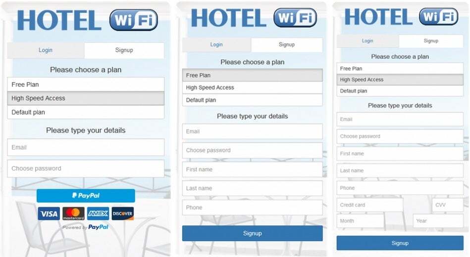 Screenshot with examples of Hotel WiFi login form