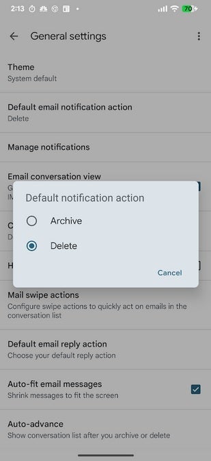 Before the update arrives, you can choose between Archive and Default to be your second action. | Image credit-PhoneArena - New notification feature helps you manage Gmail for Android inbox