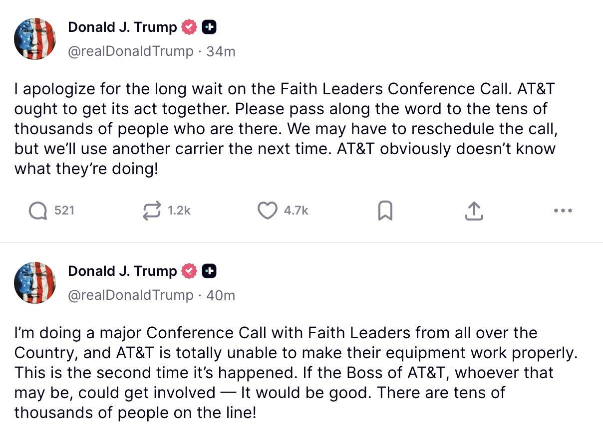 Image Source - Truth Social - AT & T becomes due to a failed call on the bad side of Trump