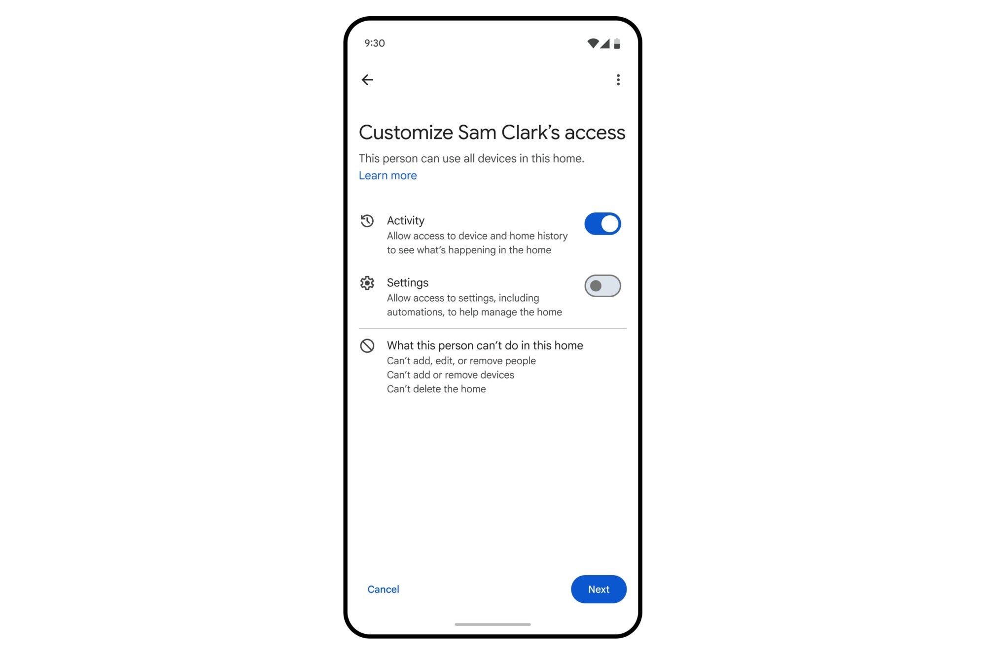 Screenshot of smart home sharing settings