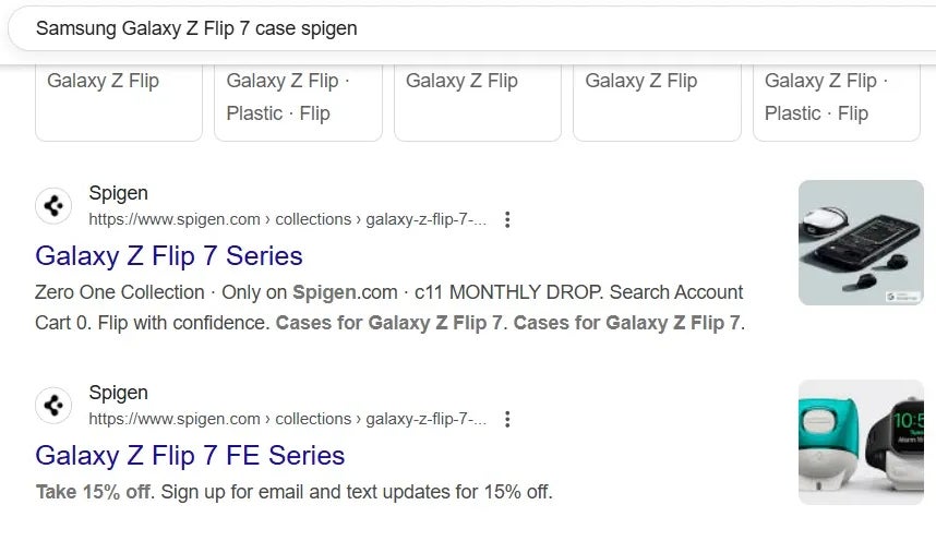 Google results showed Spigen’s Flip 7 FE case listing. | Image credit — Android Central - A budget Samsung Galaxy foldable is definitely happening this year