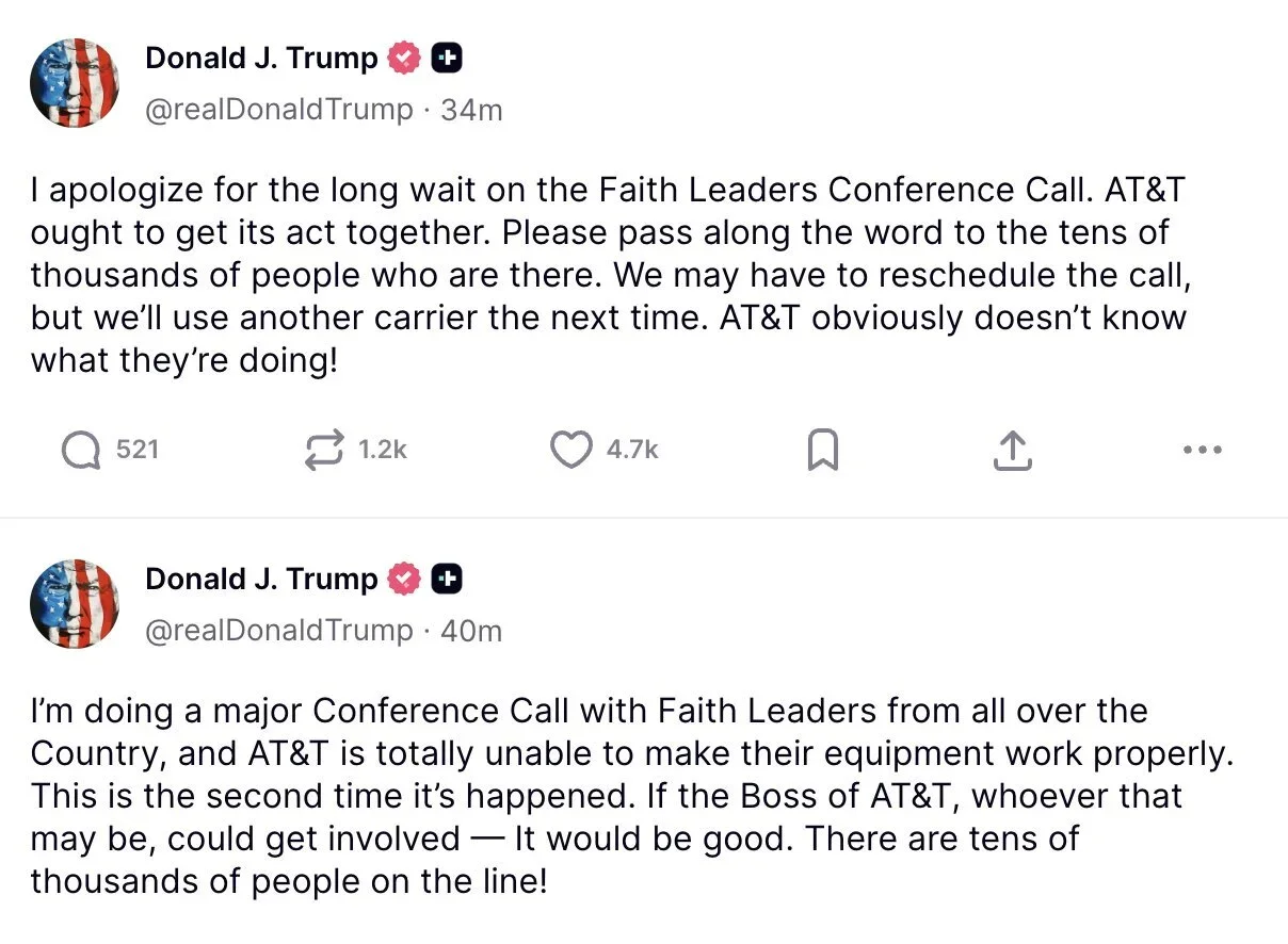 Image source – Truth Social - After publicly thrashing AT&amp;T, Trump now inspires the carrier to expand faster thanks to the OBBB