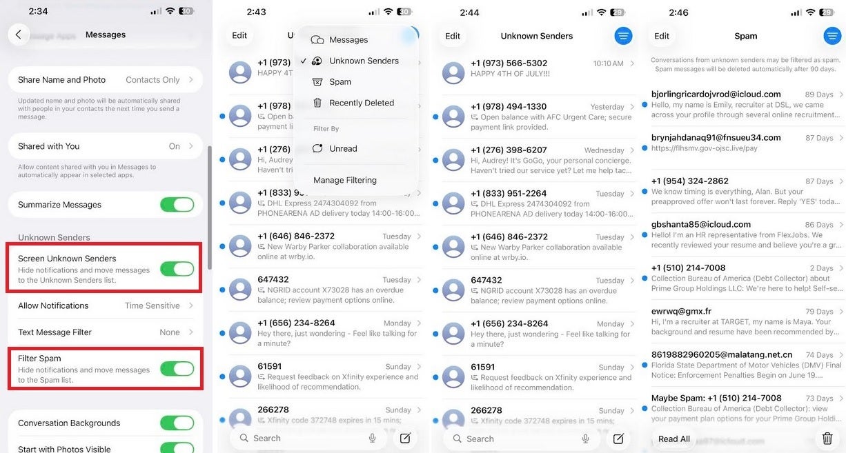 Screenshots show how to use the new Messages feature in iOS 26 that blocks messages from unknown senders and those considered to be spam.