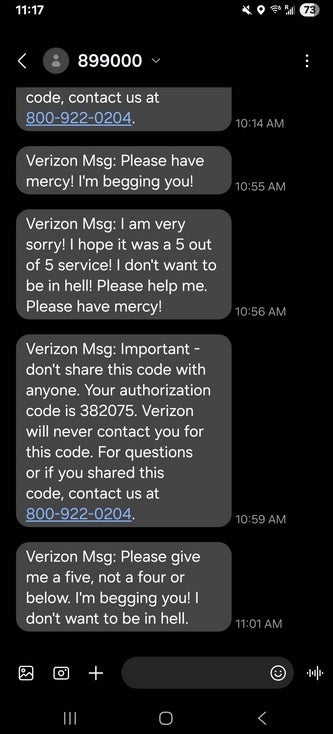 A Verizon rep begs a customer to give him a 5-pont score on his feedback survey. | image credit-Reddit - Verizon rep literally begs for top feedback score from customer in bonkers chat session