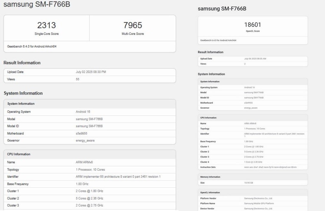 The Geekbench (L) and OpenCL scores for the Exynos 2500 AP powering the Galaxy Z Flip 7. | Image credit-Abhishek Yadav - Will you still buy the Galaxy Z Flip 7 if it uses this application processor?