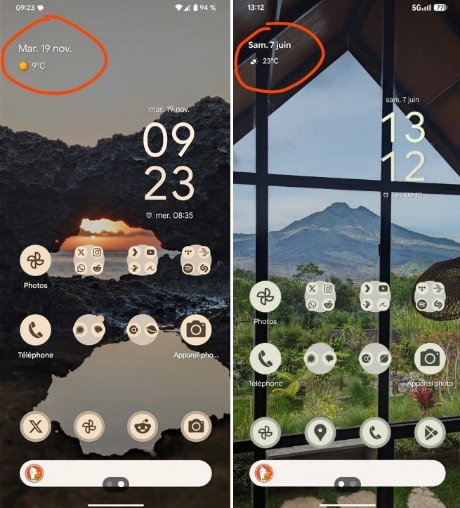 At left, the old look with a yellow sun icon and at right, the new color-free weather icon for the widget. | Image credit-"samhot66 - A beloved Pixel feature is getting a small change in a beta release and not everyone approves