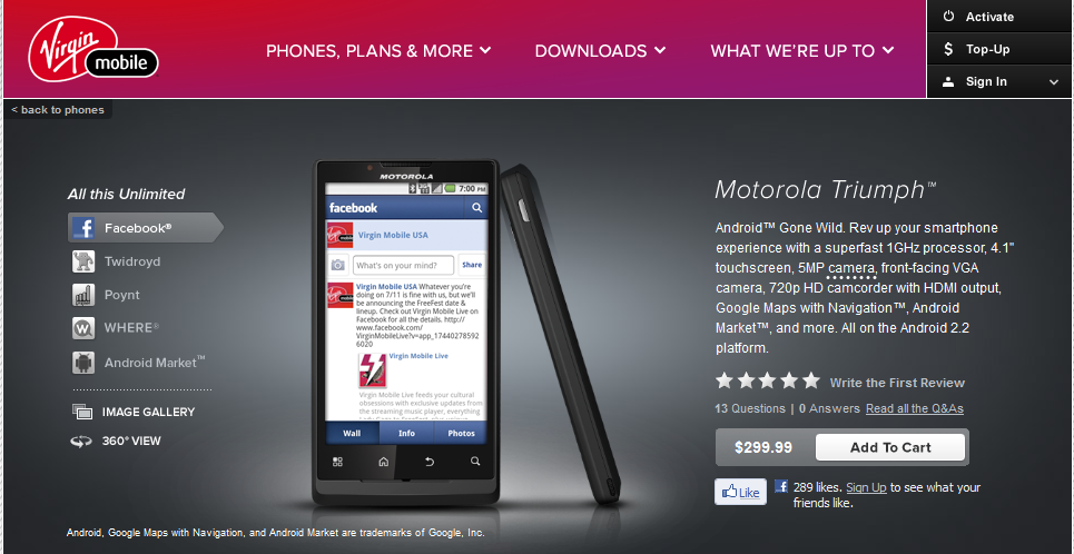 Virgin Mobile US is now offering the Motorola Triumph - Virgin Mobile US now offering the Motorola Triumph