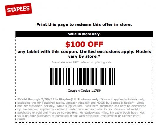 Yet another Staples coupon chops $100 off the price tag of select tablets