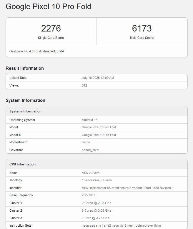 The latest Geekbench test for the Pixel 10 Fold has some worried about the Tensor G5 AP. | Image credit-Geekbench - Latest benchmark test has some very concerned about the performance of the Tensor G5 AP