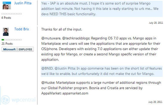Windows Phone Mango will not support in-app purchases