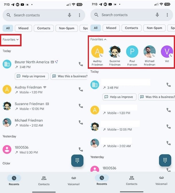 Google changes where you&#039;ll find your Favorites on the phone by Google app. | Image credit-PhoneArena - Google removes an often used tab from its Android phone app but don&#039;t worry