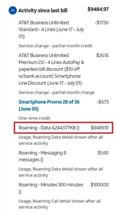 Copy of a $10,000 monthly bill received by an AT&amp;T subscriber.