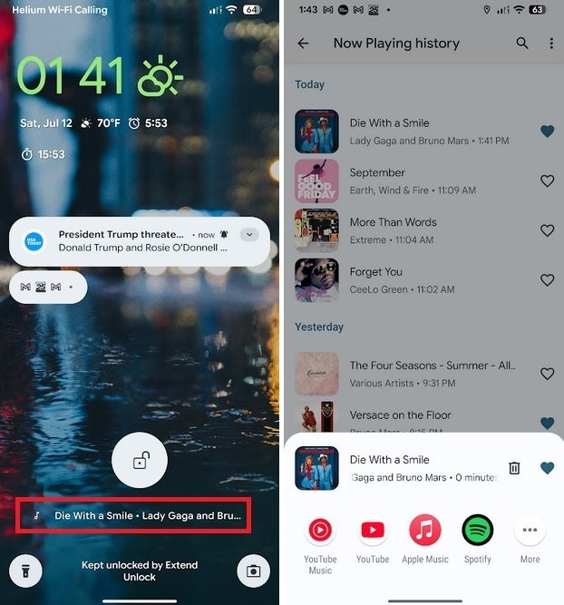 Current look of Now Playing on the left with Now Playing history on the right. | Image credit-PhoneArena - Google tests improvement for popular Pixel lock screen feature