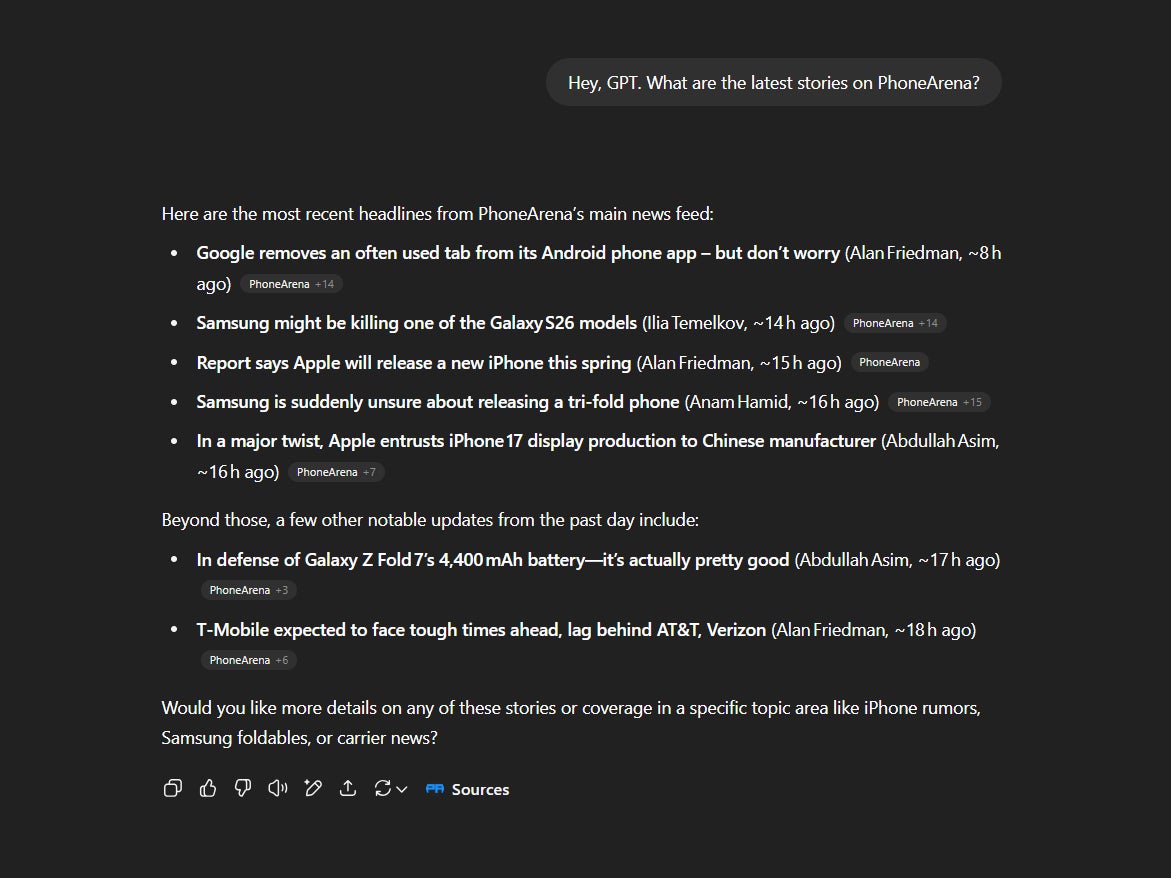 ChatGPT can already search the web for you, though it isn't always accurate. | Image credit — PhoneArena - OpenAI to challenge Google Chrome by redefining internet search entirely
