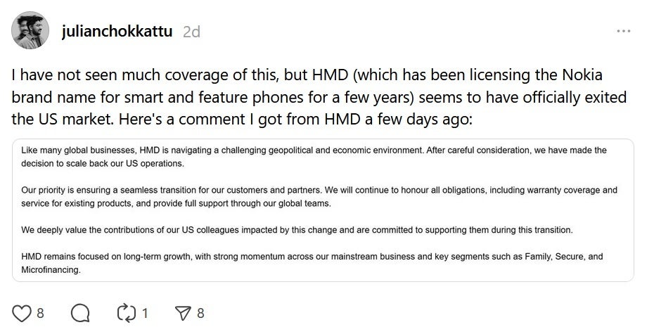 The Wired's Julian Chokkattu shares HMD's goodbye message to the U.S. on Threads. | Image credit-Threads - HMD, licensee of the Nokia phone brand, is hanging up on the U.S. phone market