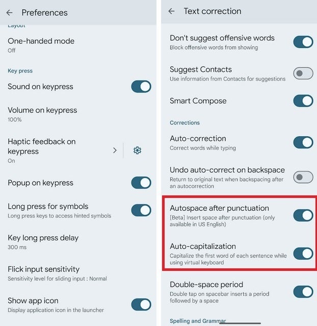 At left, the settings to duplicate my QWERTY. At right, toggle switches for autoaspace after punctuation and auto-capitalization, | Image credit-PhoneArena - Why I like the Pixel's default QWERTY over the iPhone's keyboard