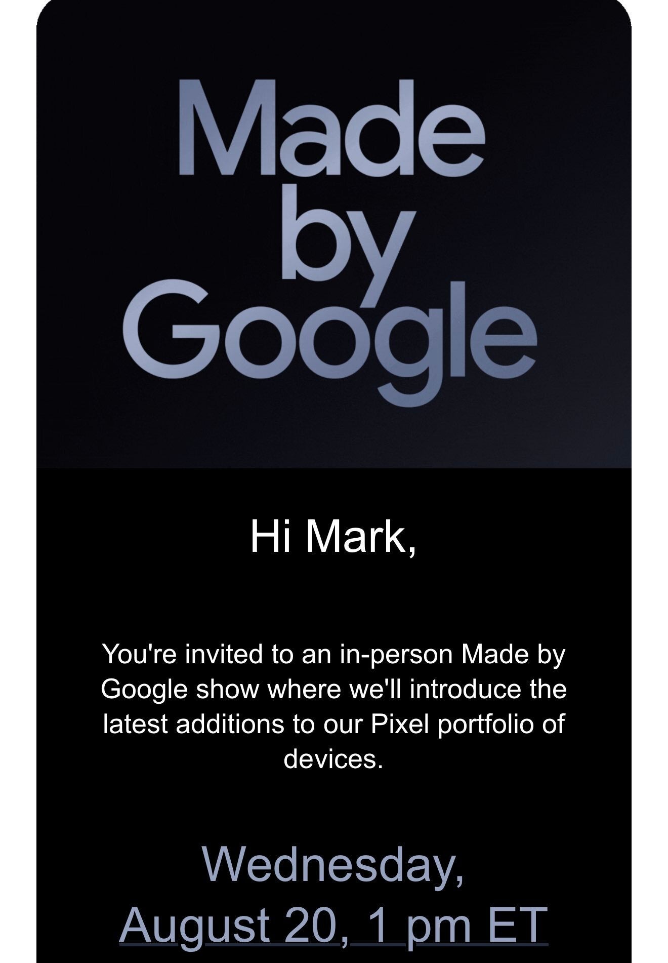Journalists have started receiving invites for the Pixel 10 event. | Image Credit - Mark Gurman - Pixel 10 announcement date officially revealed and it's a little later than last year