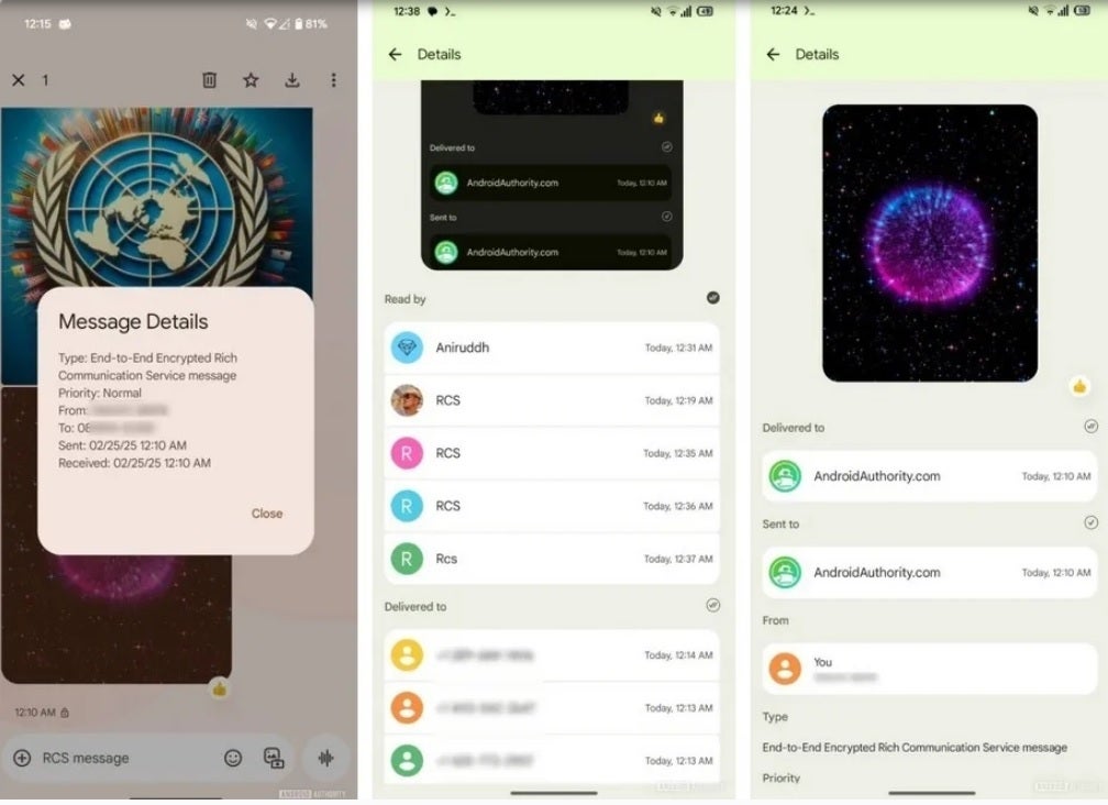 At left, the old version of View Details. At center and right is the new UI for View Details in Google Messages. | Image credit-Android Authority - "View Details" in Google Messages app now gives you much more detail