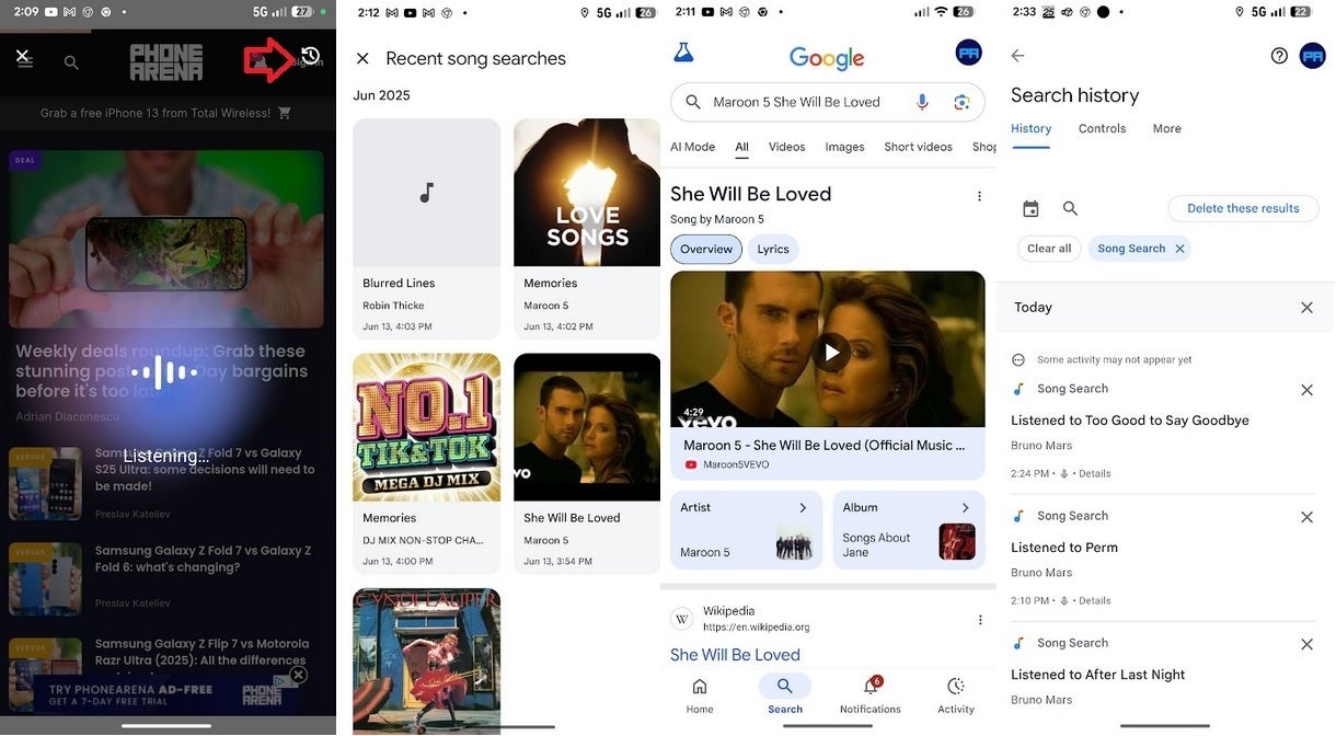 Images show how to access your Song Search history using Circle to Search.