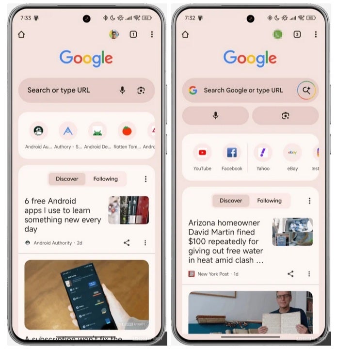 Comparing the current look of the search bar on the Android Chrome app and one revision being tested.