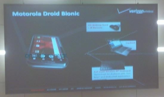 This blurry slide allegedly from Verizon&#039;s earnings call shows three accessories for the Motorola DROID Bionic - Blurry picture of accessories for Motorola DROID Bionic taken during Verizon&#039;s earnings call