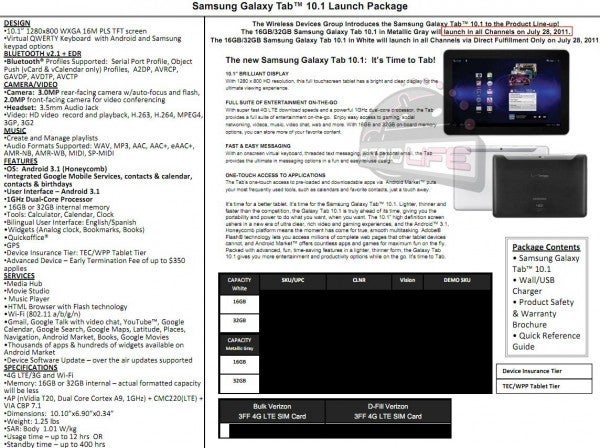 Two separate leaks confirm a July 28th launch for the Samsung Galaxy Tab 10.1 LTE at Verizon