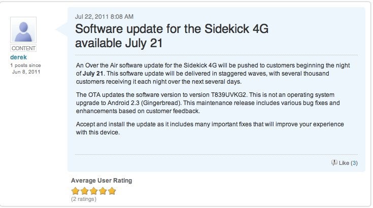 Maintenance update for the T-Mobile Sidekick 4G will "improve your experience”