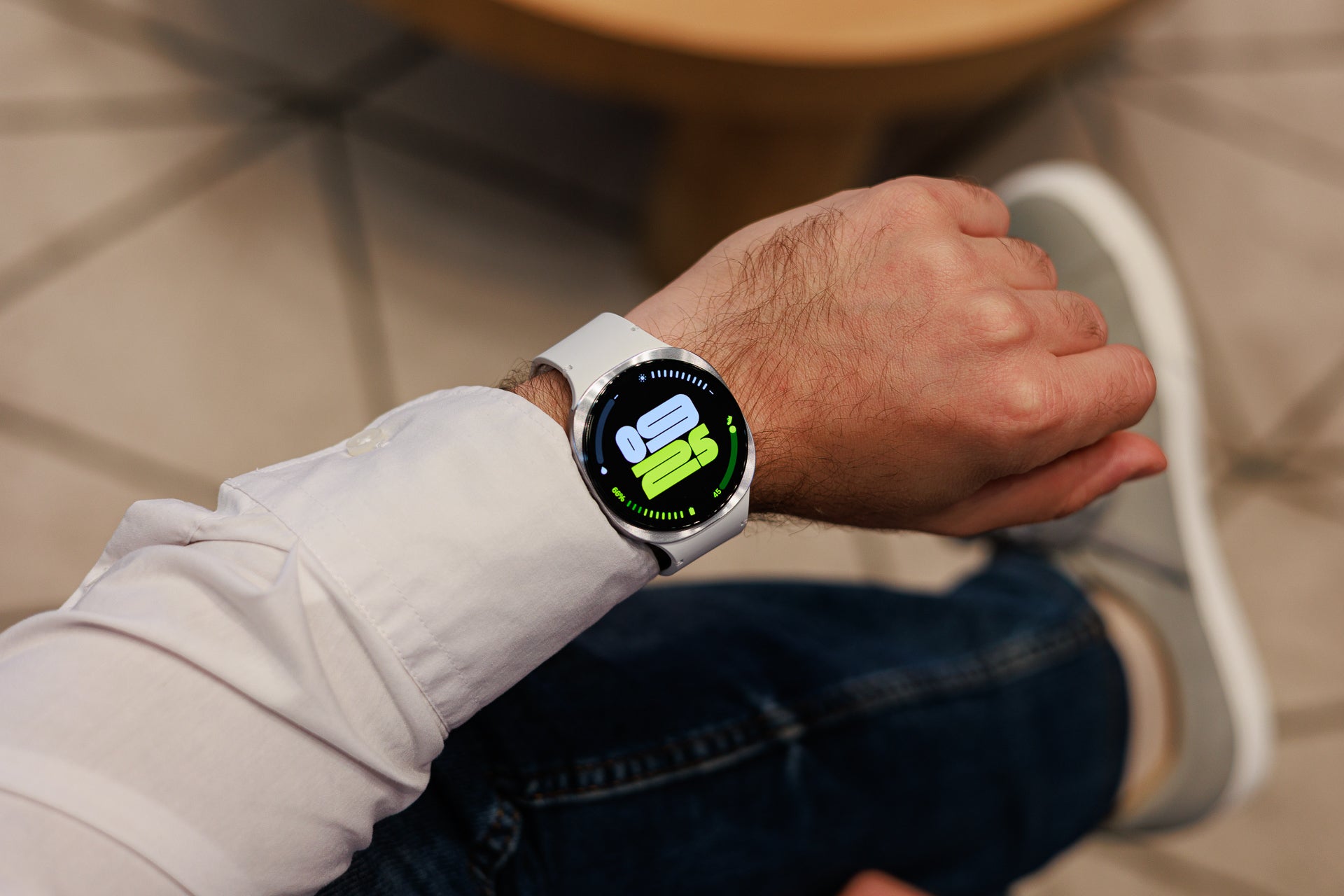 A close-up of a Galaxy Watch 8 on a wrist.