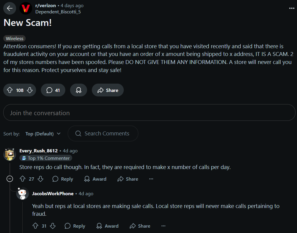 Image source – Reddit - Verizon users should be alert to this new scam and hang up the phone