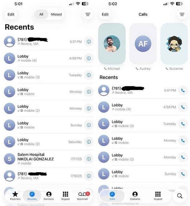 Classic call screen on left, Unified iOS 26 call screen on right. | Image credit-PhoneArena - Apple releases the iOS 26 Public Beta with Liquid Glass