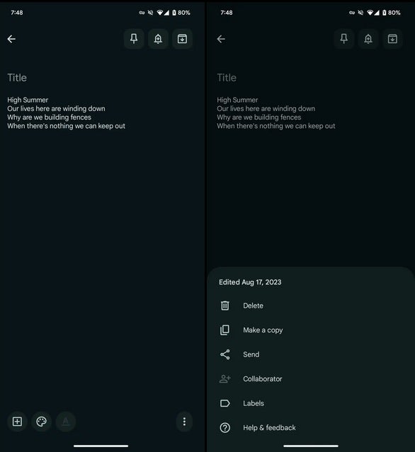 The new Material 3 Expressive version of the Android Keep app.
