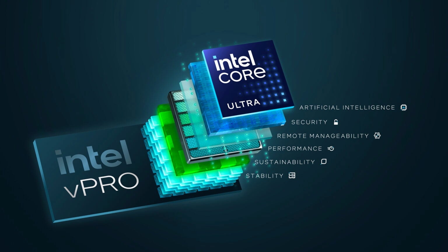 A stack of layered, translucent blue and green circuit board-like components, with the top layer featuring the &amp;quot;intel CORE ULTRA&amp;quot; logo.