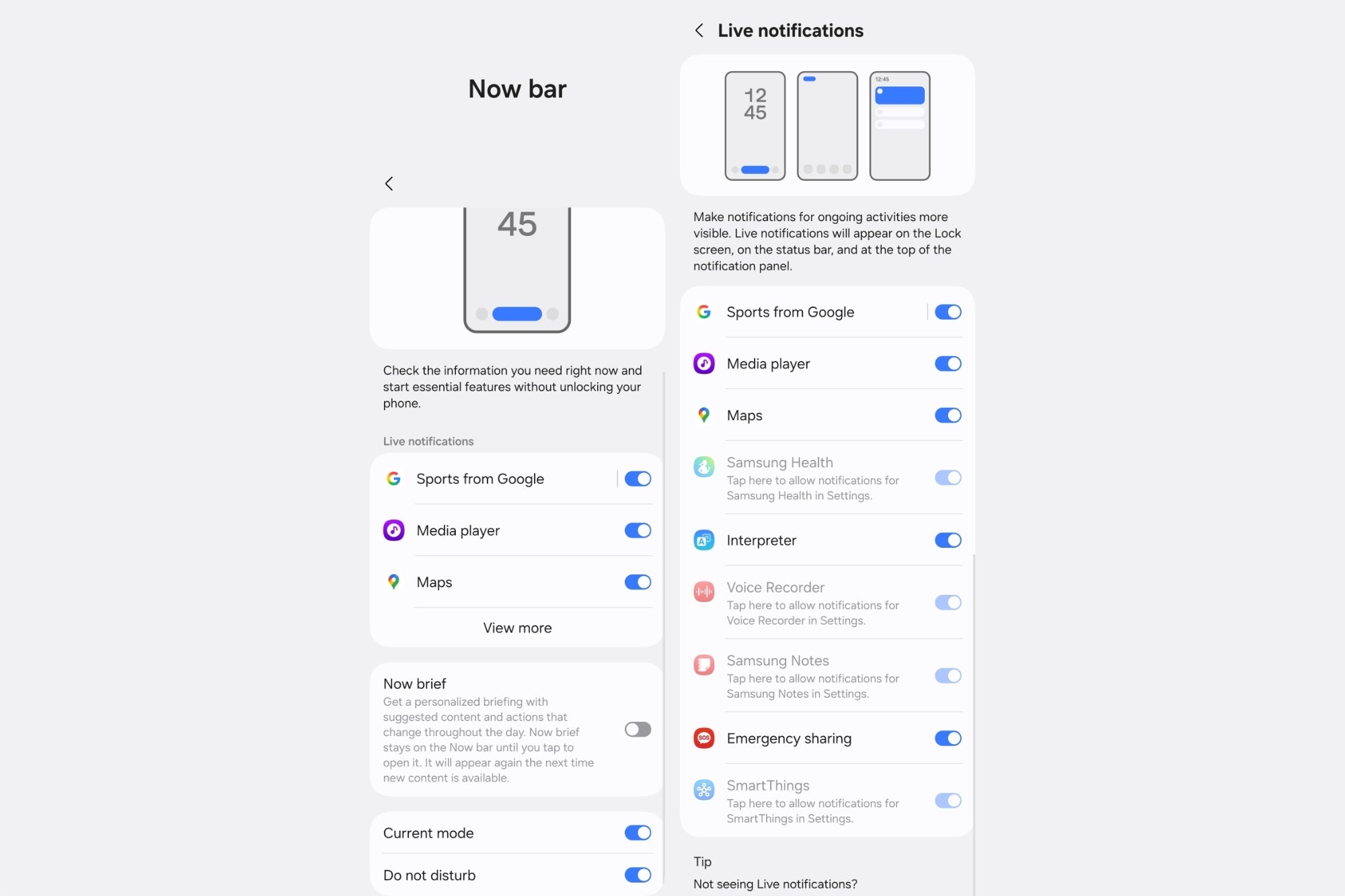 Screenshot of Now Bar settings