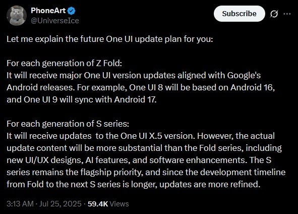 Leaker PhoneArt reveals Samsung's new One UI update system. | Image credit-X - Samsung expected to stop debuting the newest iteration of Android with the Galaxy S series