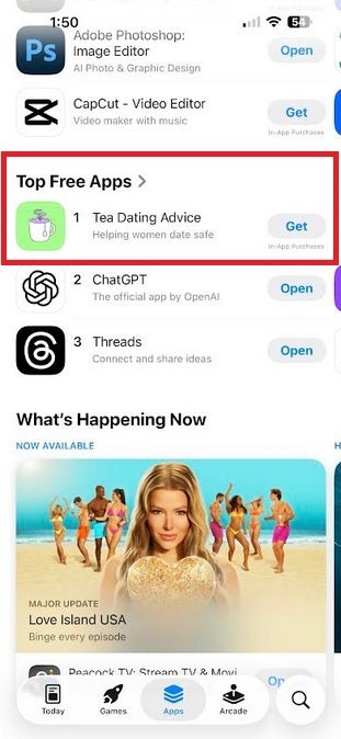 Screenshot from the App Store showing that Tea is the top free iOS app.