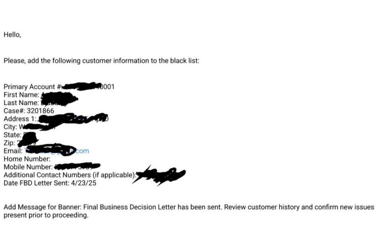 An alleged email from Verizon requesting that the customer be blacklisted was sent after the OAG got involved. - Verizon accused of taking punitive actions against customers who file complaints against it