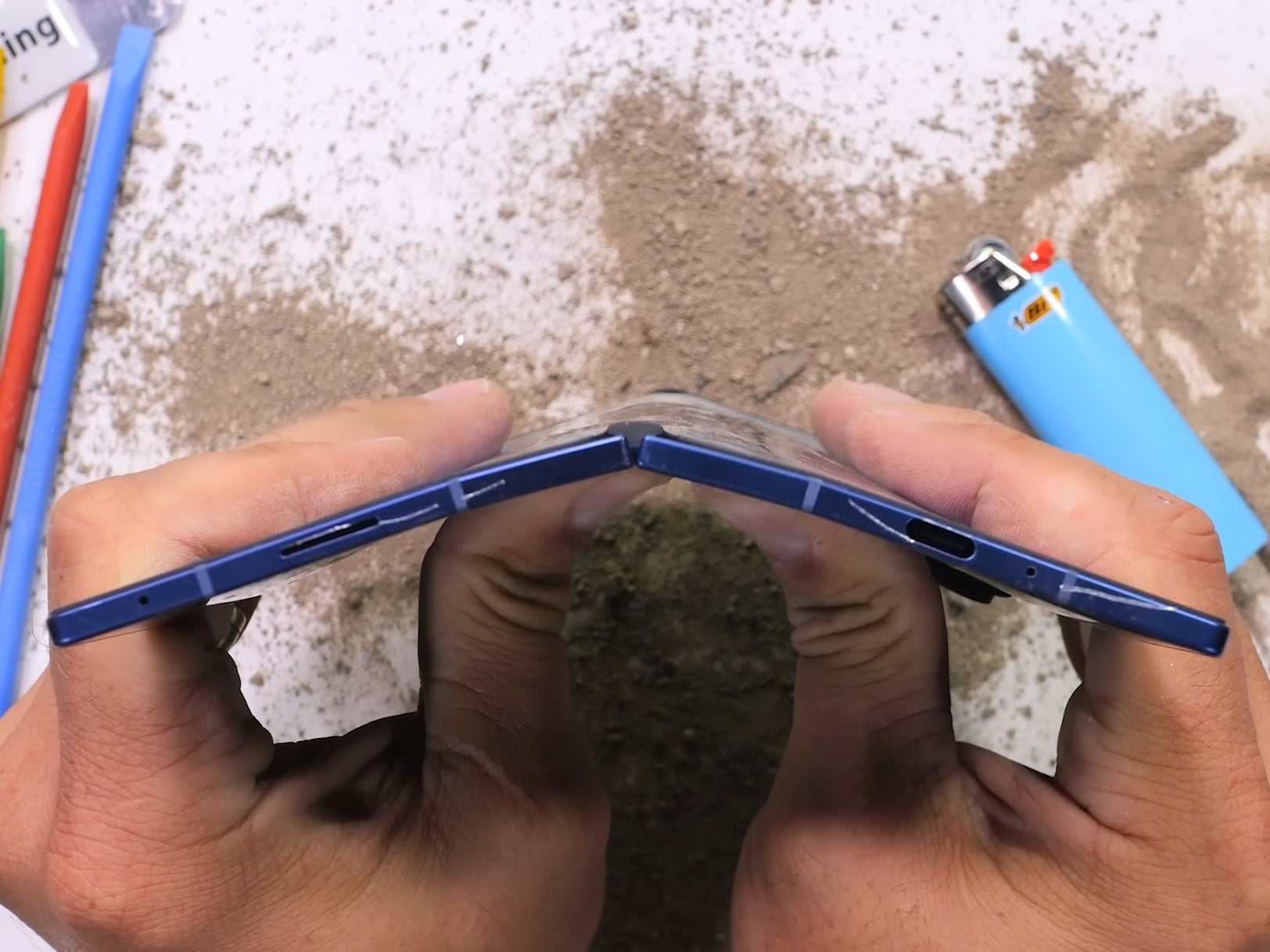 The Fold 7 was battered and bruised, but emerged victorious. | Image credit — JerryRigEverything - The super slim Galaxy Z Fold 7 is no fragile phone
