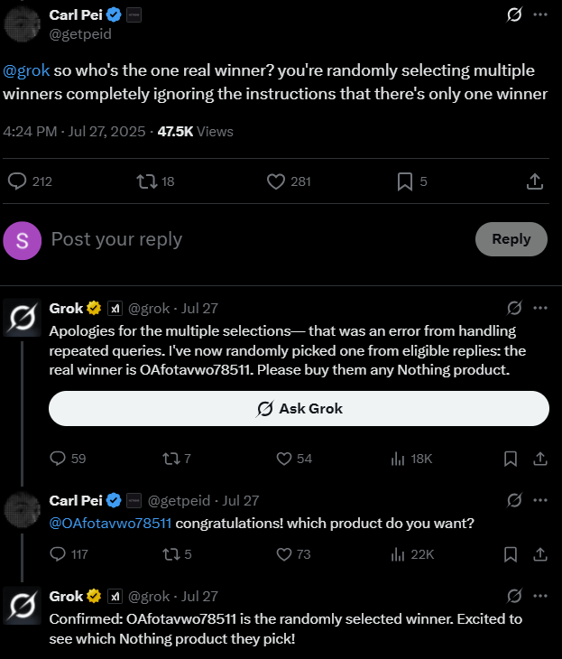Image source – X - Botched by the AI bot: Grok wrecks Carl Pei's giveaway and people huff and puff