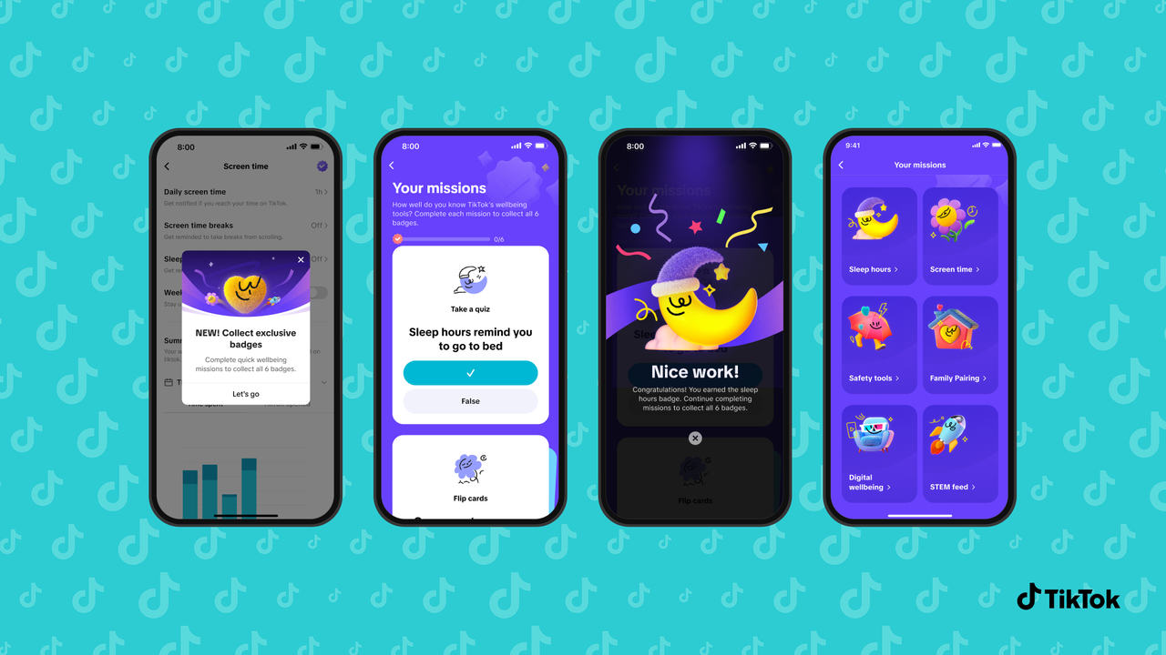 An image showing four smartphone interfaces with TikTok open. 
