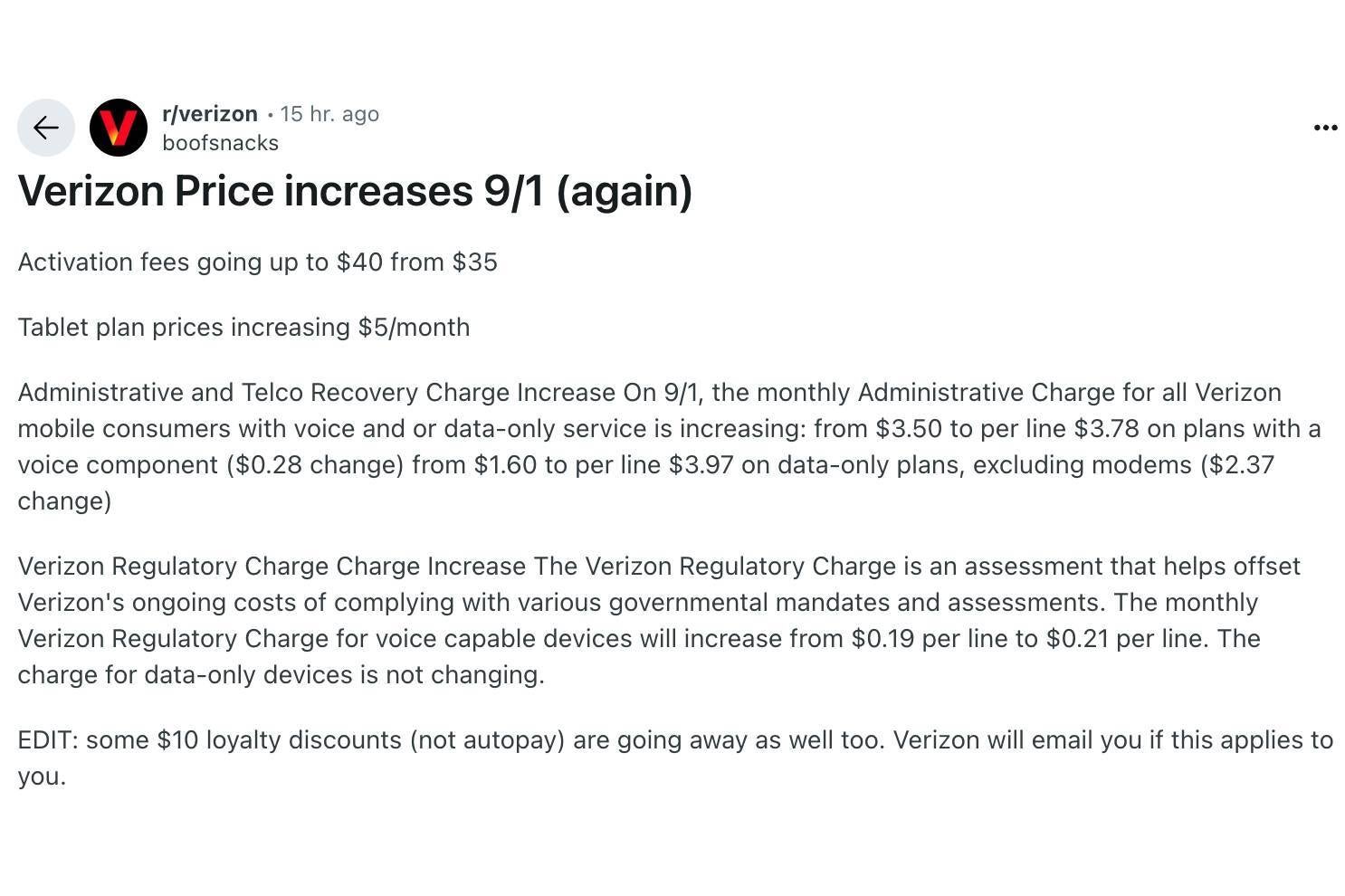 Verizon price increase