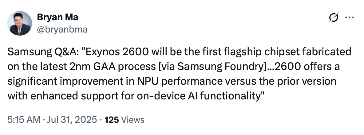 Bryan Ma&#039;s post on X. | Screenshot by PhoneArena - Galaxy S26 could be the first with a 2nm chip – if Exynos 2600 delivers
