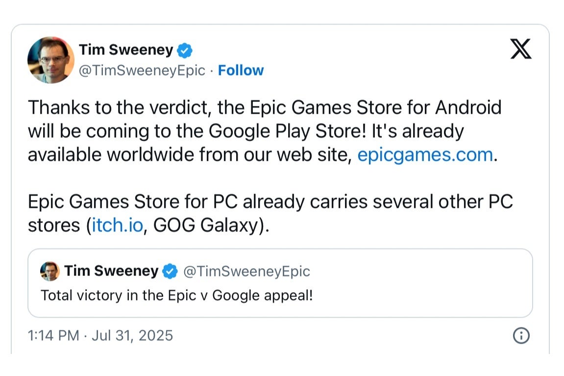Epic CEO posts on X about the Epic Games store coming to the Play Store