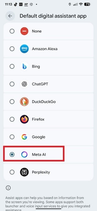 List used to choose your default digital assistant on Android.
