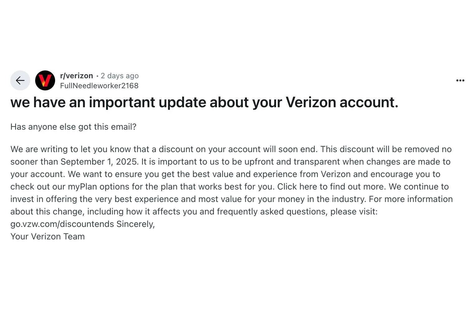 Customers received emails similar to this. | Image credit — Reddit - Did Verizon really just get rid of the only reason people stuck around?