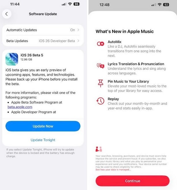 iOS 26 developer beta 5 menu, new splash screen for Apple Music.