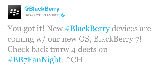 RIM says it will introduce new BlackBerry 7 OS powered devices on Tuesday - RIM tweets that it will announce new BlackBerry 7 OS devices on Tuesday