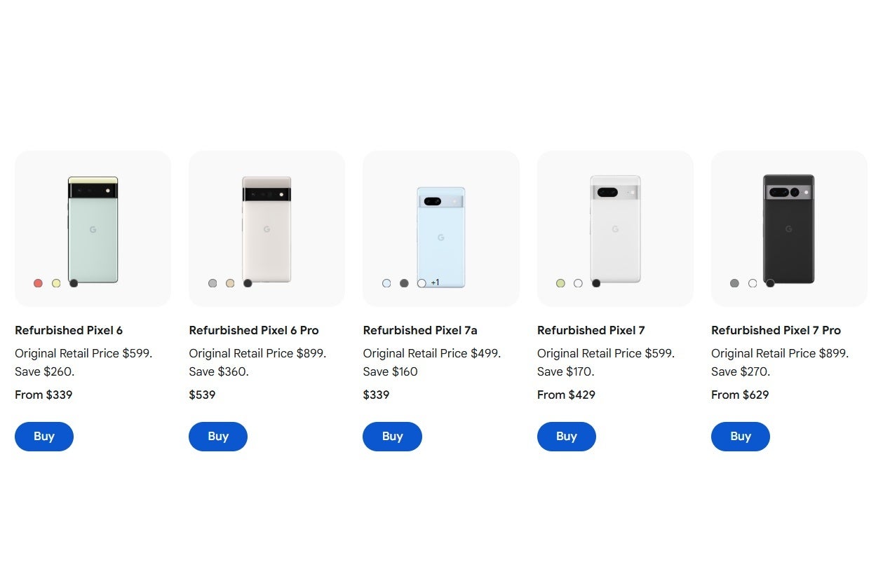 Screenshot of refurbished Google Store listings for the Pixel 6 Series