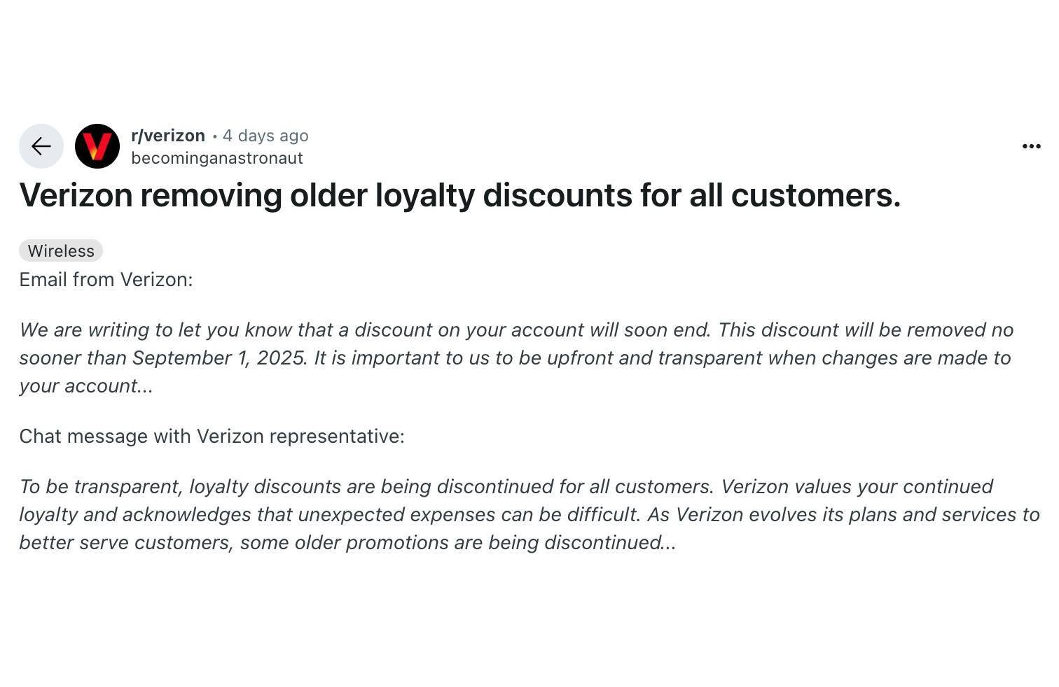 Verizon was previously going to withdraw the loyalty discount for all customers. - Verizon reinstates loyalty discount after online uprising, but customers say it&#039;s too little, too late