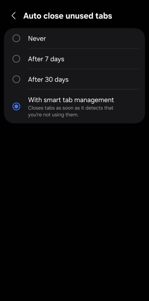 Screenshots of Samsung internet settings for tab management