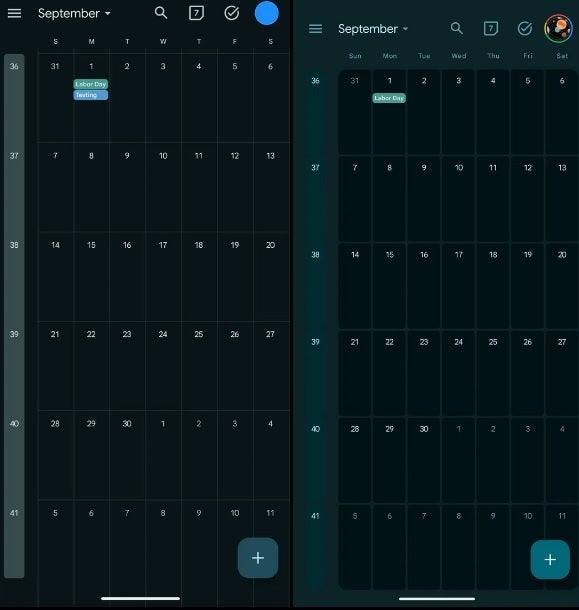Monthly View on redesigned Google Calendar app. (redesigned version on right).